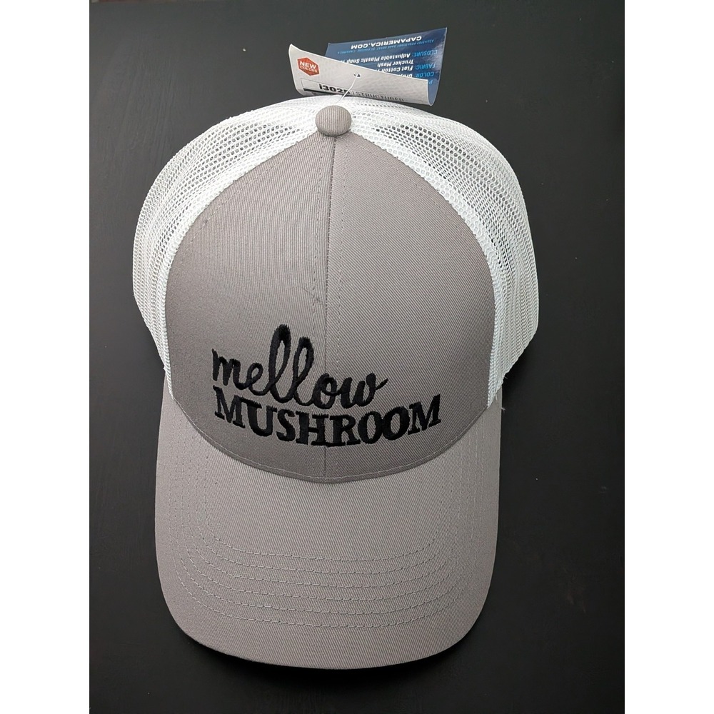 Mellow Mushroom Hat Adult Gray White Snapback Trucker Cap‎ NWT Cap America